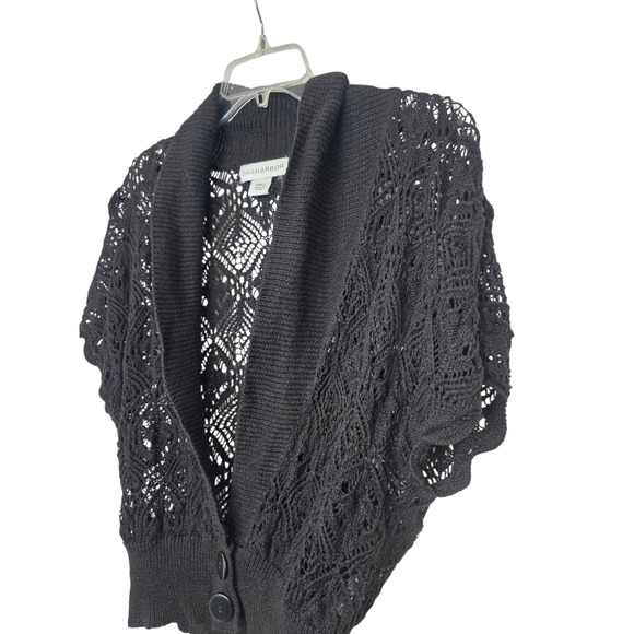 Sag Harbor Black Crochet Knit Short Sleeve Shawl Collar Cardigan Shrug Small - Picture 6 of 11